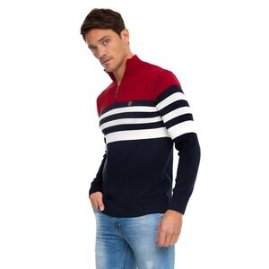 Sir Raymond Tailor Jersey Shirt Men's L Navy Bordeaux Striped GOLF 1/4 Zip L/S